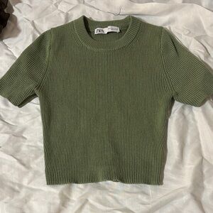 Zara Olive Ribbed Crew Neck Sweater